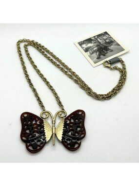Vintage Anthropologie Butterfly Pendant Necklace Brown Filigree Wings Gold-Tone